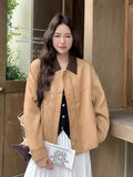 American Faux Suede Jacket Women Retro Loose Streetwear Y2K Coat Casual Fall Winter Long Sleeve Pockets Female Vintage Tops