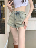 Pbong  Vintage Korean Denim Shorts Women Casual High Waist Sweet Shorts Retro Pockets Zipper Female Design A Line Jeans Shorts