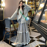 Kawaii Harajuku Plaid Skirt Women Preppy Style Sweet Long Skirts Retro Lace Patchwork A-line Ruffle Skirts Streetwear