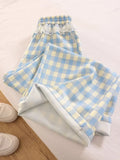Sweet Lace Plaid Pants Women Patchwork Loose High Waist Wide Leg Trousers Japan Casual Lady Vintage Cute Spring New Pant