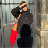 Solid High Neck Double Button Topcoat Dropped Shoulder Loose 2025 Autumn Short Elegant Jacket Women Urban Casual Lady Outerwear