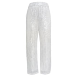 Women's Elegant Silk Sequins Pants, Midi Waist, Loose Long Pants, Classic Trousers, Female Clothing, Fashion, Streetwear,