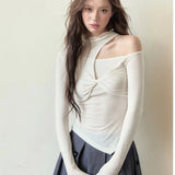 Chic Design Asymmetical O Neck Hollow Out Tops Front Cross Draped Office Lady French Shirts Y2k Harajuku American Punk Clothes