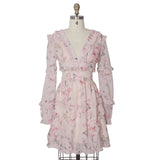Pbong  Pink Slim Fit V-Neck Long Sleeve Floral Print Chiffon Short Dress Women Bohemian Sweet Style High Waist A-Line Skirt Spring D...