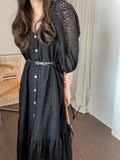 Hook Embroidery Puff Sleeve Spring Long Dress Korea Chic Lace V-neck Button 2025 New Dress A-line Hollow Beige Female Clothing
