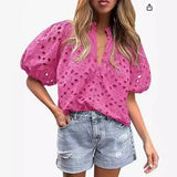 Pbong  Fashionable Casual Lace Embroidery Women's Shirt V-Neck Button Hollow out Lantern Sleeve Summer Top Cross-Border Clothing