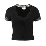 Pbong  French Style Knitted Cropped Blouse Bodycon Summer White Black Cotton Elegant Tie Lace Up Vocation Y2K Sexy Ladies Shirts Tops