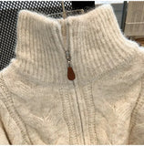 Women Autumn Winter New Lazy Style Loose Knitted Cardigan Retro Solid Color Double Zipper Turn-down Collar Sweater New Women Top