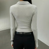 Pbong  Casual Button Striped T Shirt Basic Slim Turn-Down Collar Long Sleeve Tees Women Autumn Spring Fashion Streetwear Ladies