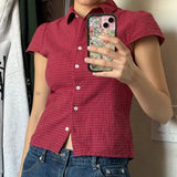 Preppy Vintage Gingham T Shirt Women Y2k Short Sleeve Button Up Shirt 90s Coquette V Neck Slim Fitted Blouse Casual Crop Tops