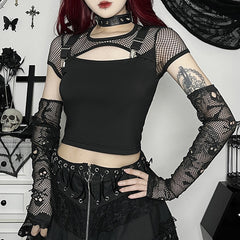 Goth Dark Mall Gothic Fishnet Patchwork Blouses Hollow Out Sexy Grunge Aesthetic T-shirts Punk Short Sleeve E-girl Alt Crop Tops