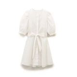 Stripe Puff Sleeve All-match Women Dress With Belt 2025 New Round Neck Casual Short Dress A-line Elegant Chic Female Vestidos