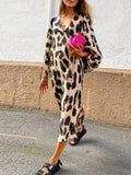 Pbong  Spring Summer New Long V-neck Loose Lantern Sleeve Leopard Print Straight Cut Dress Women's Midi Dress Comfortable Breathable...