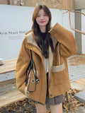 Y2K Streetwear Faux Lamb Suede Jacket Women Vintage Winter Long Sleeve Hooded Coat American Retro Loose Lady Pockets Warm Tops