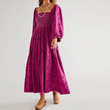 Pbong  Bohemian Floral Dress Women Square Neck Ruffle Swing A Line Maxi Dress Long Sleeve Beach Style Holiday Lady Club Party Dress