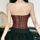 Coquette Plaid Print Tube Top Backless Bandeau Vest with Lace Trim Zipper Closure Women Streetwear Aesthetic Teen Girl Clothes