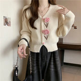 Flower Applique Knit Cardigan Autumn Winter Women Cardigan Sweater Coats Long Sleeve Crop Knitted Jackets Cute Outfit