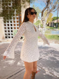Deep V-neck Tight Short Dress Flare Sleeve Thin Lace Embroidery Sexy Summer Women Dress Fashion Party Clubwear Vesidos 2025 New