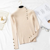 Ribbed Knit Top for Women Pullovers Button Decor Mock Neck Sweater Stretchy Long Sleeve Fitted Jumper Teen-girl Fall Winter