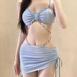 Fashion Sexy Chain Three-Piece Two-Piece Bikini Sexy Lace-Up Small Breasts Gathering Buttock Skirt Swimsuit Women
