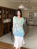 Gradient Fall 2025 Fashion Woman Oversize Graphic T Shirts Long Sleeve Top Cowls Blue Tee Autumn Streetwear Clothing