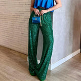 Pbong  Women Sequin Wide Leg Pants Stretchy High Waist Loose Straight Trousers Club Party Elegant Long Pants Streetwear