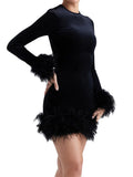 Pbong  Women Autumn Dress Feather Trim Long Sleeve Bodycon Mini Dress Elegant Club Party Retro Sexy Korean Fashion Dresses