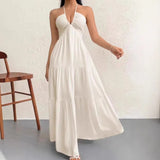 Pbong  Elegant Backless Neck Hanging Strap Dress Sexy Beach Vacation Pure Desire Style Women's Dress Summer Spring Autumn Season