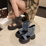 Pbong  European and American Style Belt Buckle Open-Toe Sandals for Women, New Summer Thick-Soled Height-Increasing Versatile Denim Fashion Boots, Short Boots