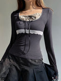 Contrast Color Patchwork Lace Trim Balletcore Y2K Gray T-Shirt Women Japanese Kawaii Slim Basic Long Sleeve Cute Lace-Up Tee