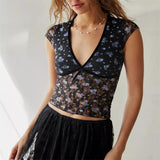 Sheer Crop Top 2000s Women Sexy See Through V Neck Sleeveless Floral Lace Tanks Slim Fit Vest y2k Aesthetic Clothing