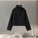 Solid High Neck Double Button Topcoat Dropped Shoulder Loose 2025 Autumn Short Elegant Jacket Women Urban Casual Lady Outerwear