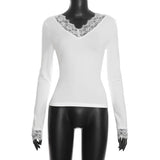 Pbong  New Winter Women's V-neck Lace Trim Splice Waist-cinching Belly-baring Trendy Street Style Long Sleeve Polyester T-shirt