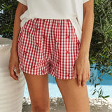 y2k Lounge Shorts Women Summer Cute Cherry Plaid Print Elastic Waistband Pajama Shorts 2000s Clothing Beach Streetwear