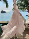 Women Elegant V-Neck Solid Evening Dress Fashion Pleated A-Line Backless Long Party Dress Korean Asymmetrical Vestidos Mujer