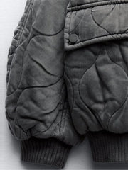 Grey Stand Collar Zipper Women Bomber Cotton Coat Lantern Sleeve Oversized Loose Pocket Jacket Autumn Winter Chic Outwears
