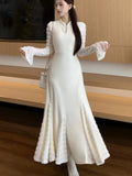 Elegant Lace Patchwork Knitted Dresses for Women Flare Sleeves Slim Mermaid Autumn Winter New Korean Fashion Vestidos Mujer