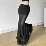 Pbong  Black Mesh Long Skirts Women Transparent Patchwork High Waisted Hip Wrap Skirts Coquette Party Slim Fit Sexy Club Skirt