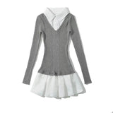 Turn Down Collar Pleat Short Dress Fashion Chic A-line Knitting Women Dress Cotton Blend Student School Dress Academic Style