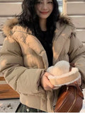 Women New Fall Winter Hooded Button Coat with Large Fur Collar Retro Office Christmas Fashion Jacket  Retro Commute Outfits New