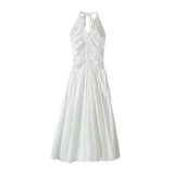 V-neck Slim Halter Dress Women Pleated Design Long Skirt Solid Vintage Y2k Dresses Korean Fashion Vestidos Para Mujer