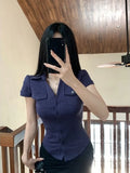 Pbong  Dark Gothic Lolita Slim Women Shirts 2000s Japanese Solid Elegant Tops Y2k Harajuku Vintage Hot Girl Short Sleeve Blouses Summer