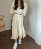 Hook Embroidery Puff Sleeve Spring Long Dress Korea Chic Lace V-neck Button 2025 New Dress A-line Hollow Beige Female Clothing
