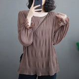 Pbong  Korean All Match Lady Loose Blouses for Women O-neck Flare Sleeve Solid Color Shirts Fashion Pleated Tops