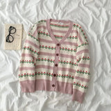 Women's Floral Cardigan Pointelle Knit V-neck Sweater Jacket Top Long Sleeved Button-up Cardi Soft Knitwear Korean Style Outfit