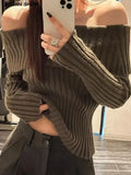 Autumn Winter Solid Color Rib Knitted Off the Shoulder Pullover Sweater Sexy Women Full Sleeve Slim Stretch Knitwear Jumper