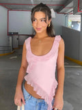 Casual Backless Ruffled Y2k Top Vest Patchwork Strapless High Street Top Fashion Cute Solid Scoop Neck Tank Top Pullover