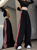 Pbong  Vintage Women Striped Sweatpants High Waist Loose Streetwear Trousers American Retro Lace Up Patchwork Bf Wide Leg Pant