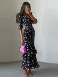 Pbong   Elegant Printed Laminated Women's Dress Slim Short Sleeve V-neck Waist-Closed Female Dresses Summer Autumn Party Lady New