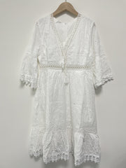Summer Boho Dress Women Beach Sundress Fashion Embroidery Hollow Out Lace Up Mini Dress Female White Lace Holiday Dress